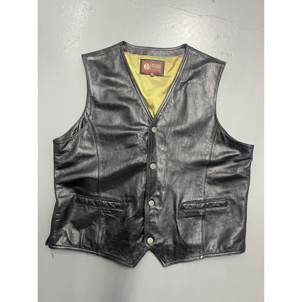 Wilsons Leather Vest Mens XL Black Biker Snap Front Lined Pockets Motorcycle